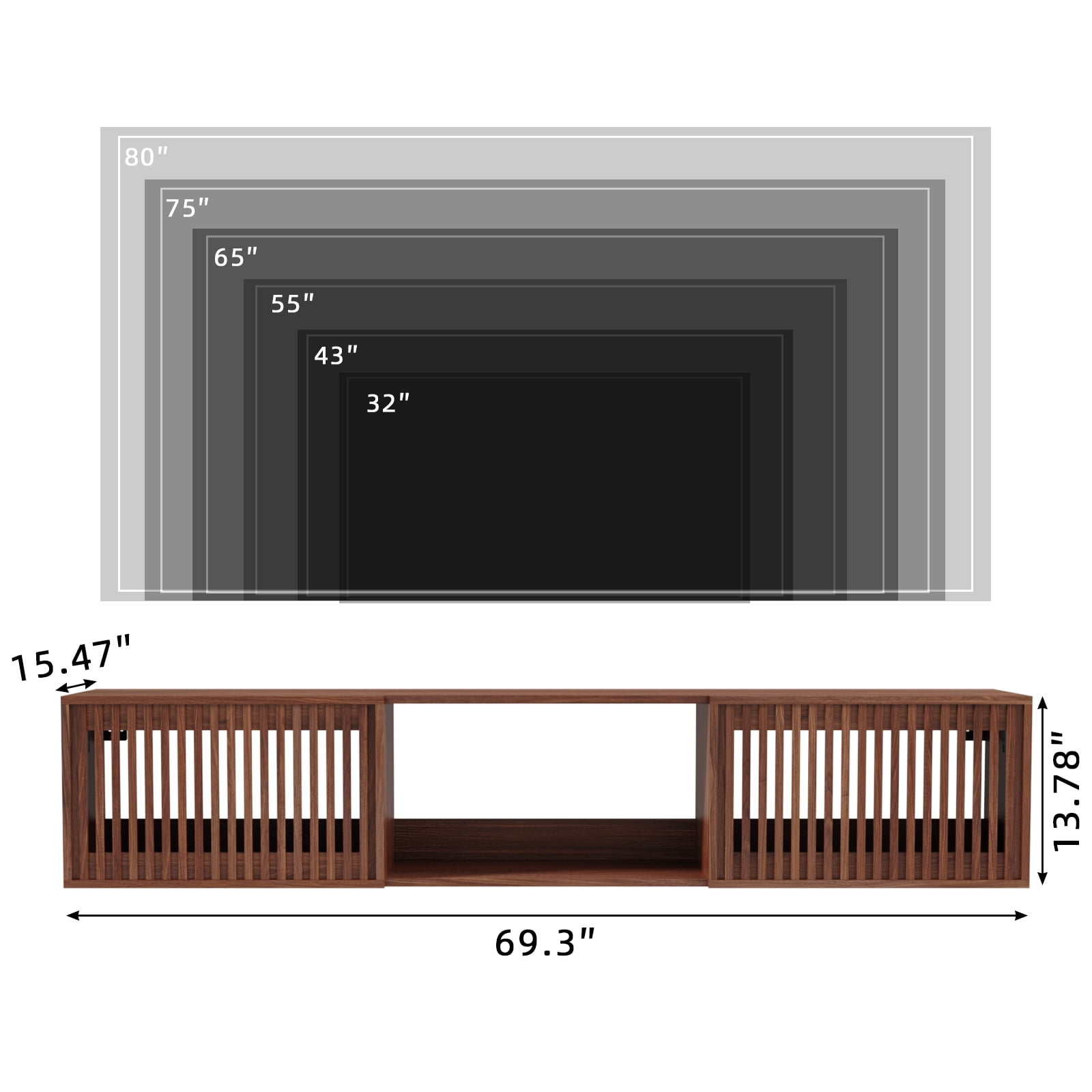 Hommpa Floating TV Stand for 65/75/80 inch TV, Mid Century Modern Wall Mounted TV Console with Storage Shelf & 2 Slatted Doors, Media Console Entertainment Center for Living Room, Bedroom,Walnut