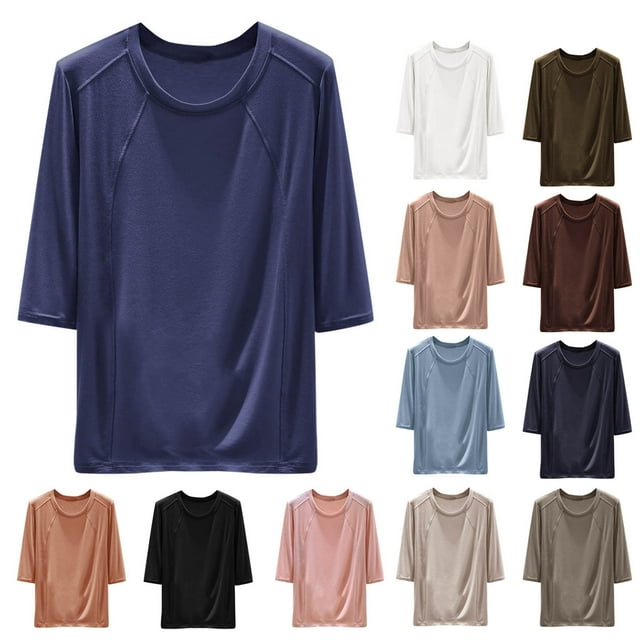 Fanxing Chemises à Manches 3/4 pour Femmes Vêtements de Nuit Confort Pyjamas Col Rond T-Shirts Doux pour la Maison Bleu,TG
