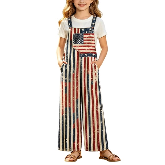 Girls Rompers Sunny Patriotic Flag Print Sleeveless Square Neck Unisex Trendy Pocket Jumpsuit Kids Street Travel Outfit