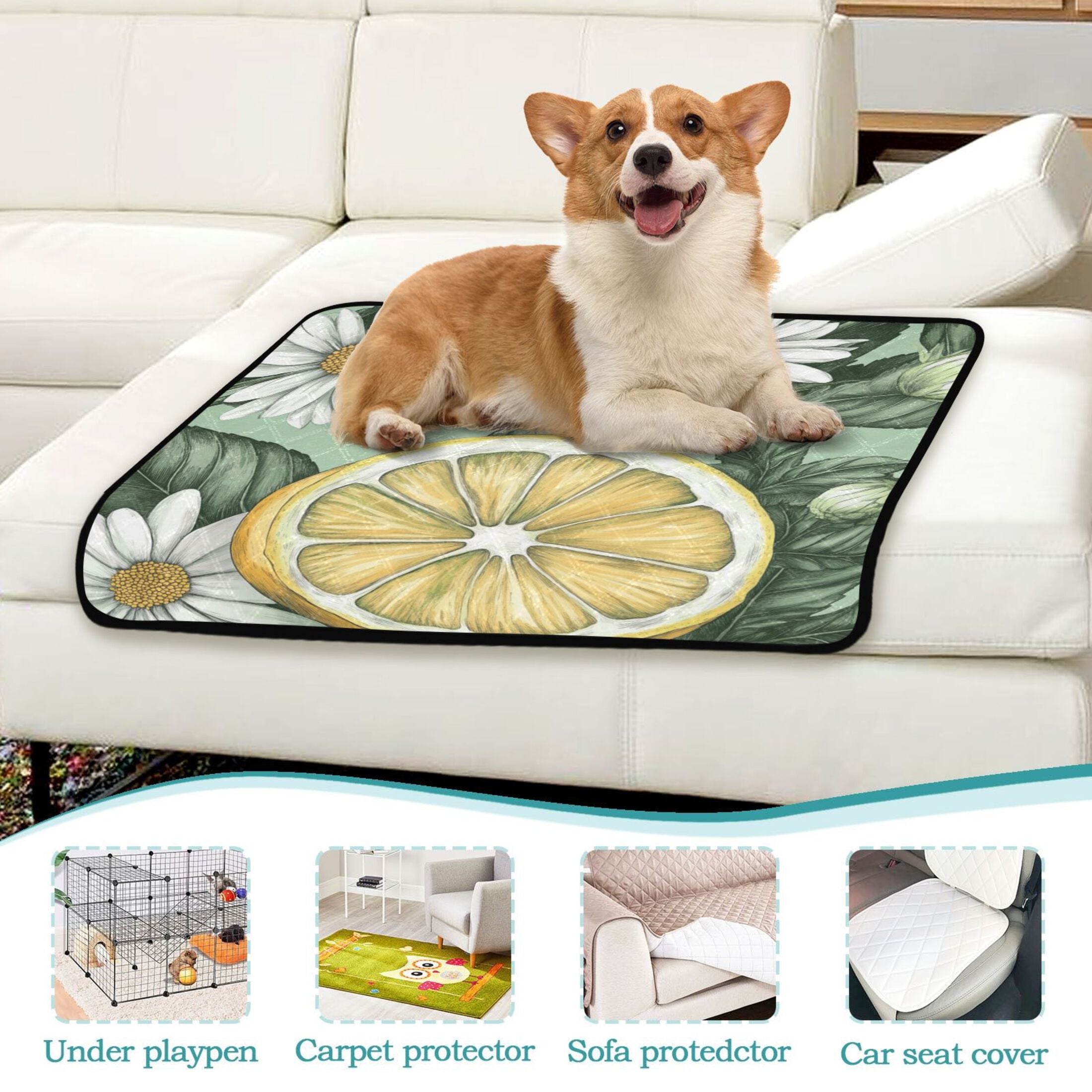 Qxltty White Daisies with Lemons Pattern Cat litter Pads Pet Set of 3 Diaper Mats Center Anti-leakage Layer Absorbent Soft and Comfortable