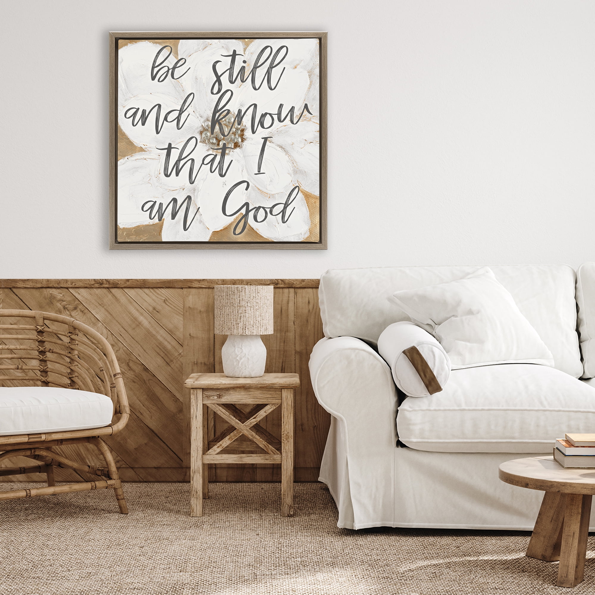 Stupell Industries Be Still Script with Flower Brown Framed Floater Canvas Wall Art, design by Lanie Loreth