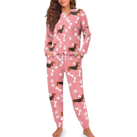 Yuyamidu Cute Dachshund Long Sleeve Pajamas for Women Set of 2 Dog Paw Crewneck Pj Pullover Tops and Pants Loose Fit Sleepwear Size M Soft Pj Sets Pink