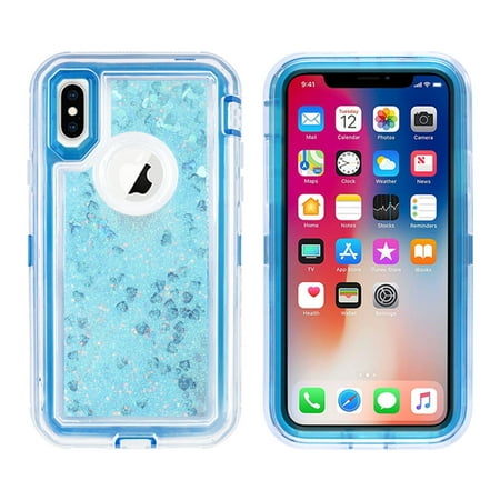 FIEWESEY Case for iPhone X,3 in1 Layers Hybrid Liquid Glitter Flowing Quicksand case Clear Soft Shockproof TPU Slim Protective Cover for iPhone X/XS(Blue)