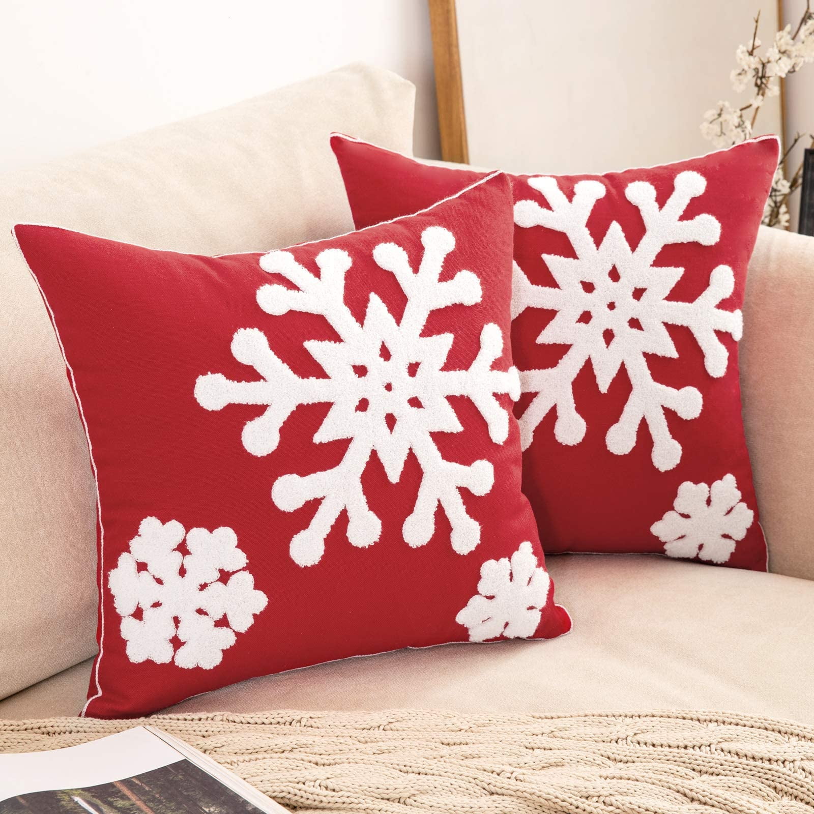 18x18in） MIULEE Pack of 2 Christmas Decorative Snowflake Throw Pillow Covers Canvas Embroidery Cushion Cases Holiday Decor Soft Pillowcases for Couch Sofa Bedroom Car（Red 