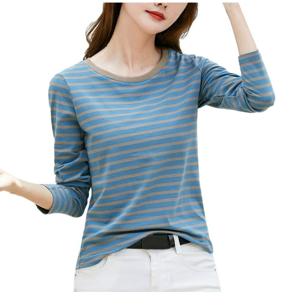 RTKFRFL Striped Long Sleeve Shirts For Women Striped Crewneck Loose Fit Tunic Tops 2025 Fall Color Block Slim Fit Round Neck T-Shirt