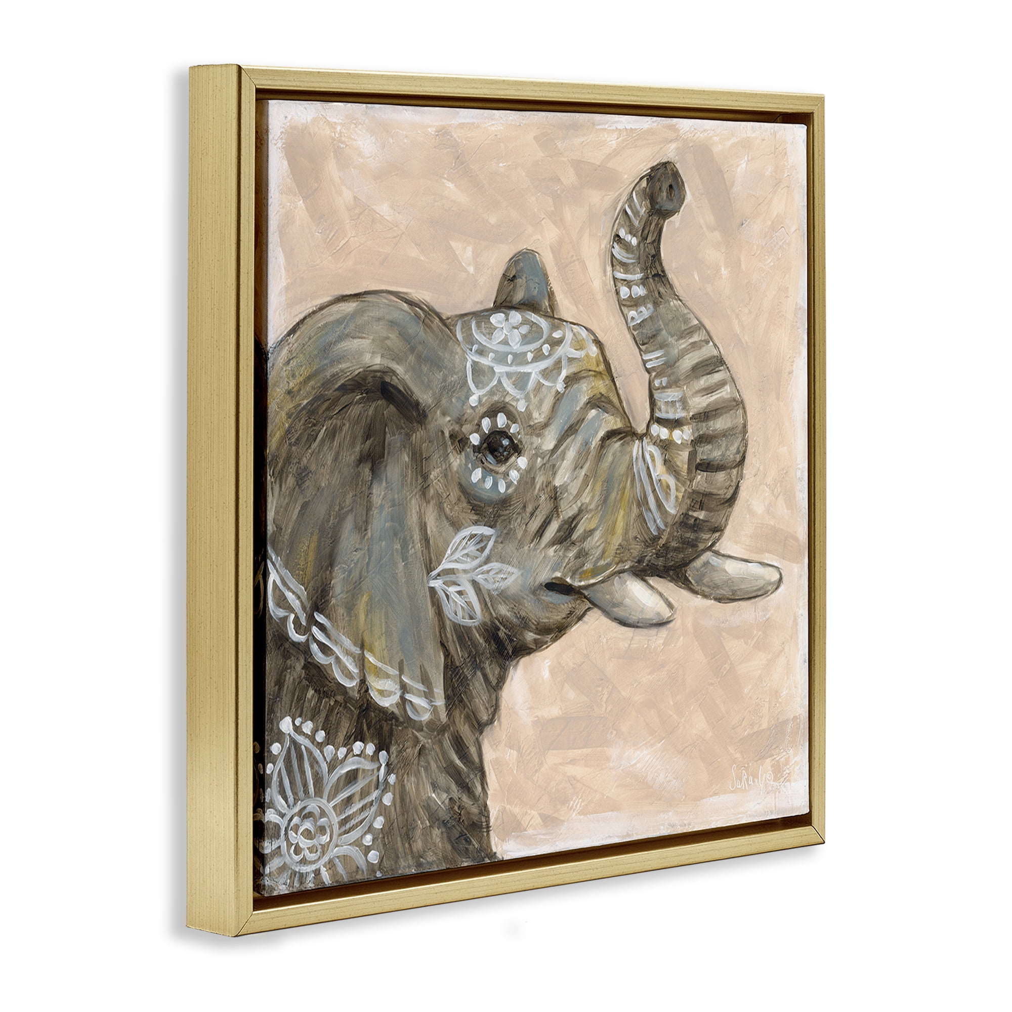 Stupell Industries Boho Patterned Elephant Animals Painting Gold Floater Framed Canvas Art Print Wall Art, 25 x 25