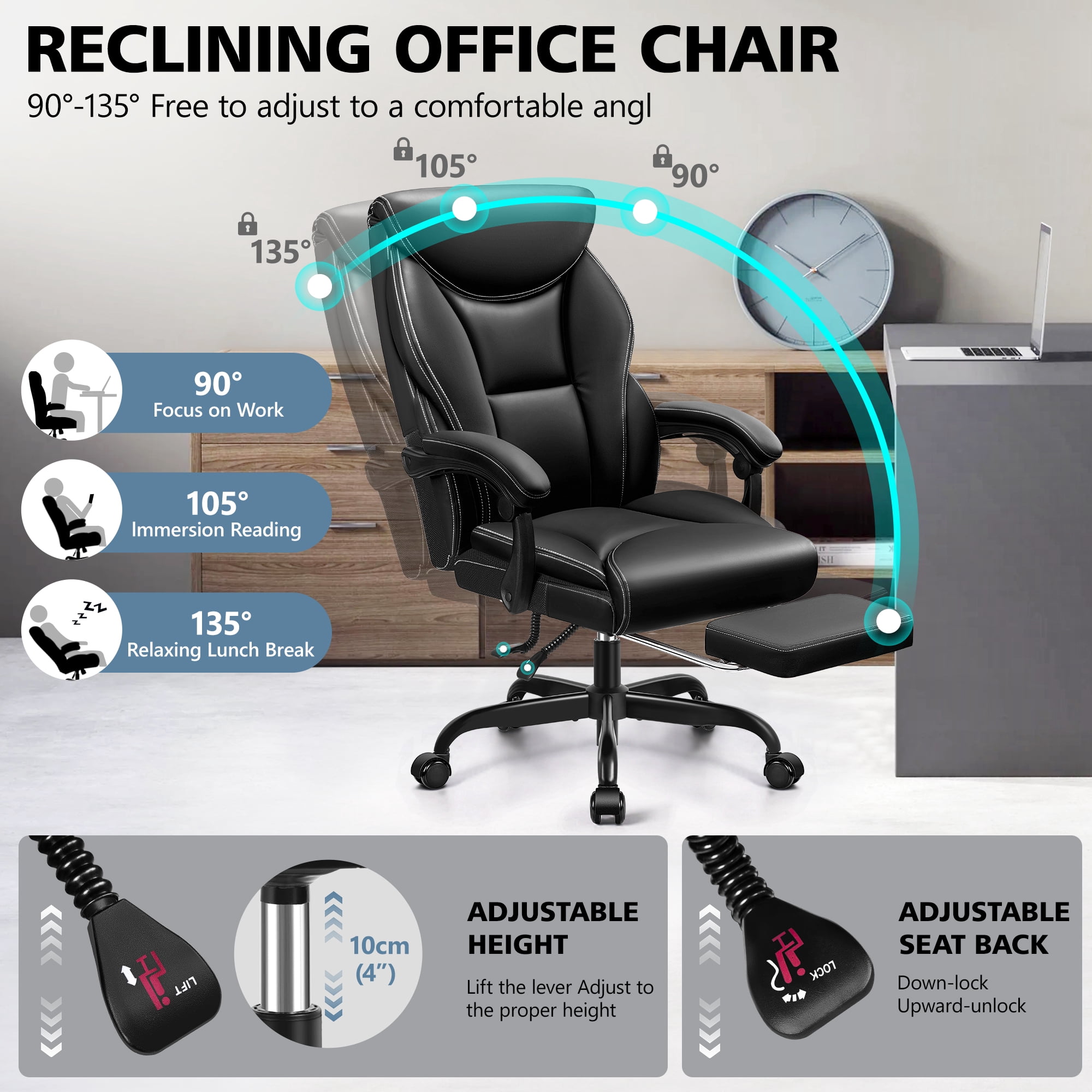 ATHOPE Executive Office Chair, 500lbs Big and Tall Leather Desk Chair with Footrest, Adjustable Height, Ergonomic Computer Chair with Lumbar Support For Home Office, Black