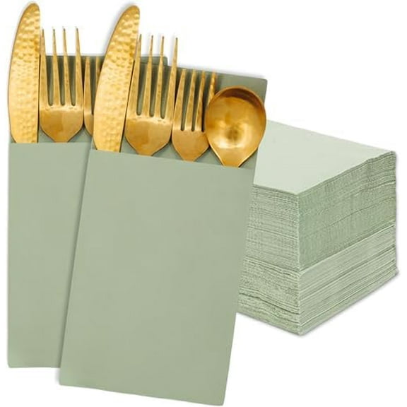 100 Sage Green Napkins Disposable Prefolded 3ply Dinner Napkins with Built in Flatware Pocket for Silverware for Green Wedding, Sage Wedding Decor, Baby Shower, Reception Dinner
