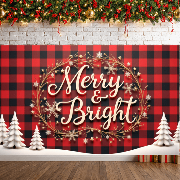 Plaid Pattern Christmas Banner Festive Holiday Decor Snowflake Design Merry Bright for Christmas Party Winter Decoration Home Decor