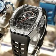 JINLERY Skeleton Automatic Mechanical Men Tourbillon Tonneau Wrist Watch Steel Silicone Sapphire Crystal Waterproof Richard Kinetic Hollow Clock Luminous