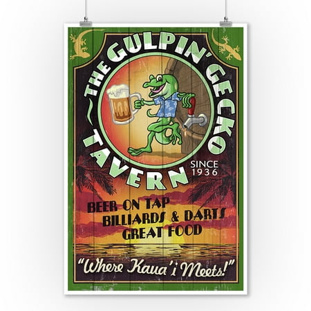 Gecko Wall Art Outdoor Kauai, Hawaii - Gecko Tavern Vintage Sign - Lantern Press Artwork (9x12 Art Print, Wall Decor Travel Poster) ()