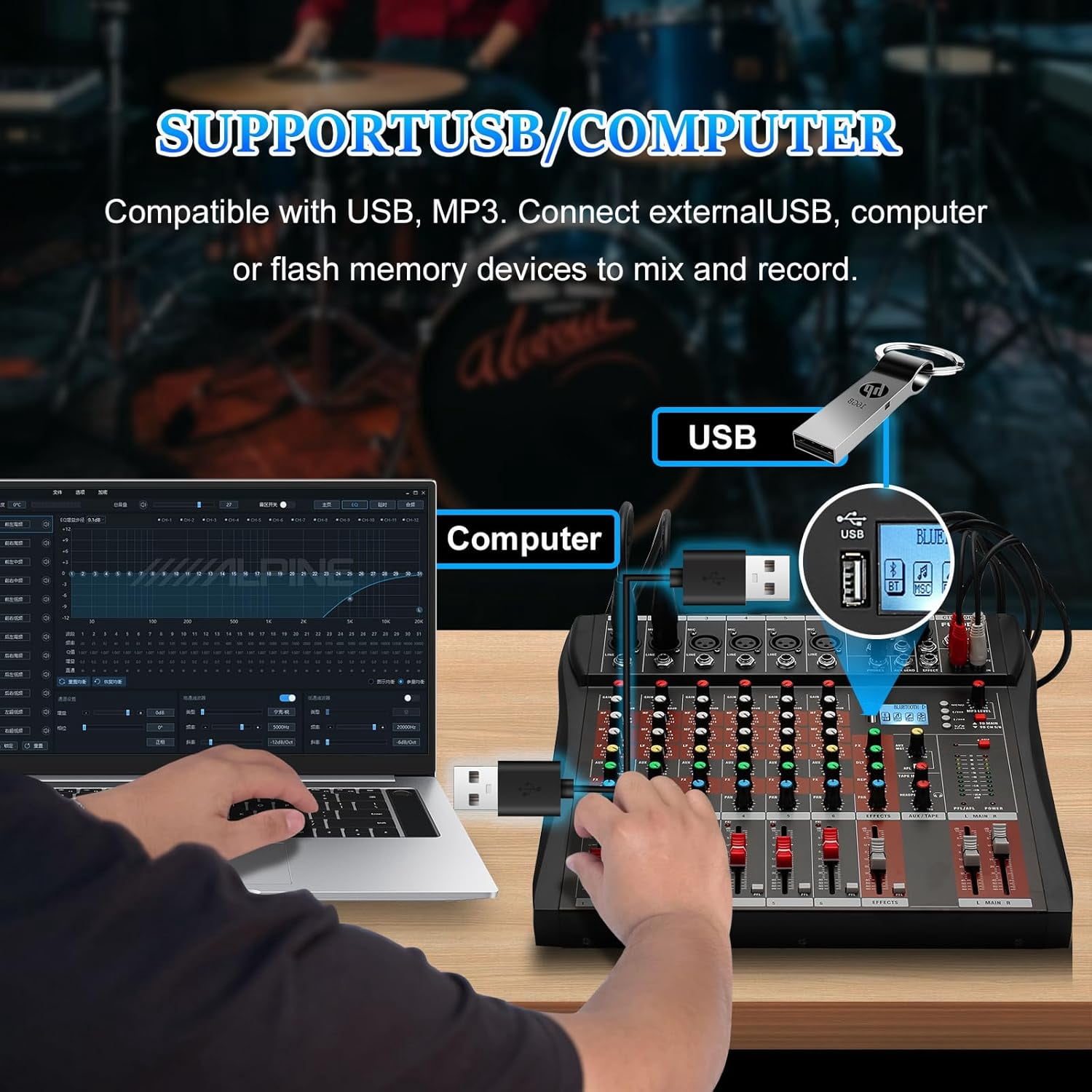 6 Channel Mixer Audio Console, CT-60S Professional Music Mixer DJ Mixing Board with Reverb Bluetooth MP3 Player 48V Phantom Power Supply USB Recording for Studio Karaoke Live Performance
