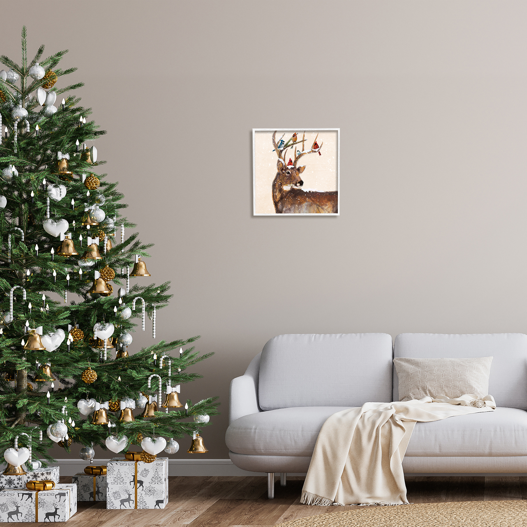 Stupell Industries Cardinals Perched Snowy Antlers Holiday Painting White Framed Art Print Wall Art