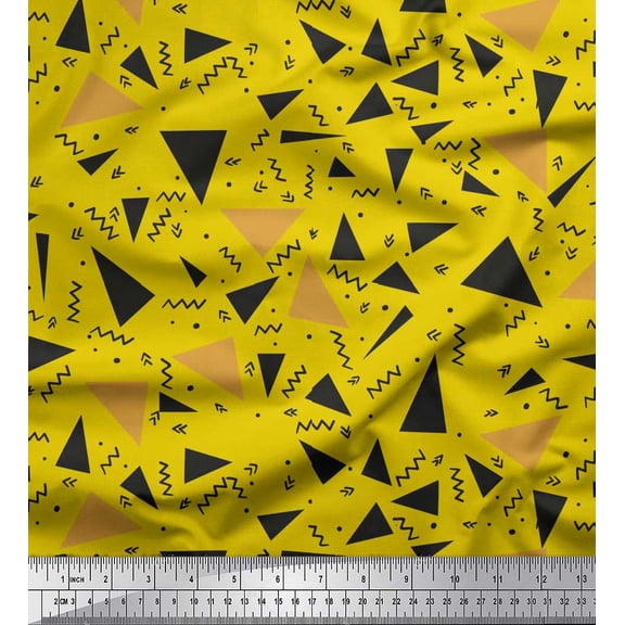 Soimoi Yellow Velvet Fabric Dot,Zig Zag & Triangle Geometric Printed Fabric 1 Yard 58 Inch Wide
