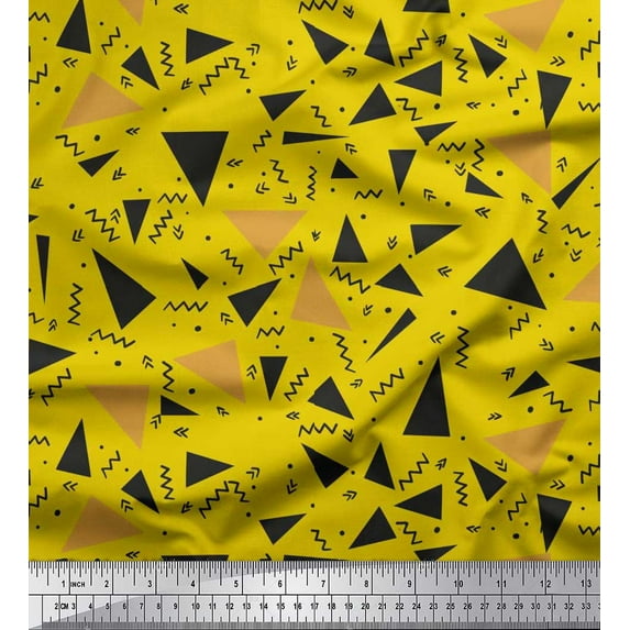 Soimoi Yellow Rayon Crepe Fabric Dot,Zig Zag & Triangle Geometric Print Sewing Fabric Yard 46 Inch Wide
