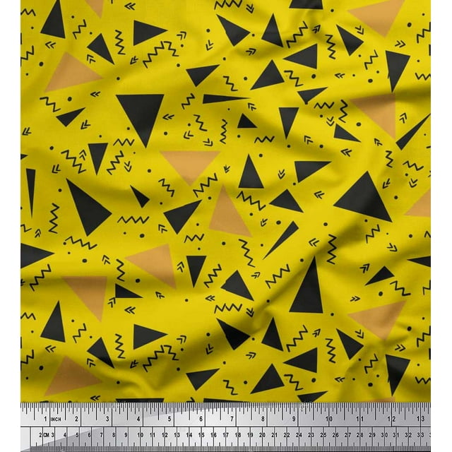 Soimoi Yellow Poly Georgette Fabric Dot,Zig Zag & Triangle Geometric Decor Fabric Printed Yard 42 Inch Wide