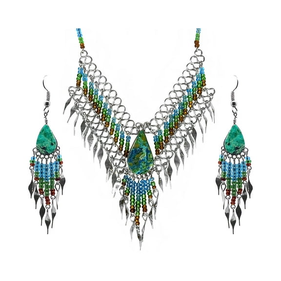 Teardrop Stone Cabochon Long Beaded Metal Dangle Fringe Chain Necklace and Matching Earrings Jewelry Set - Womens Fashion Handmade Boho Accessories