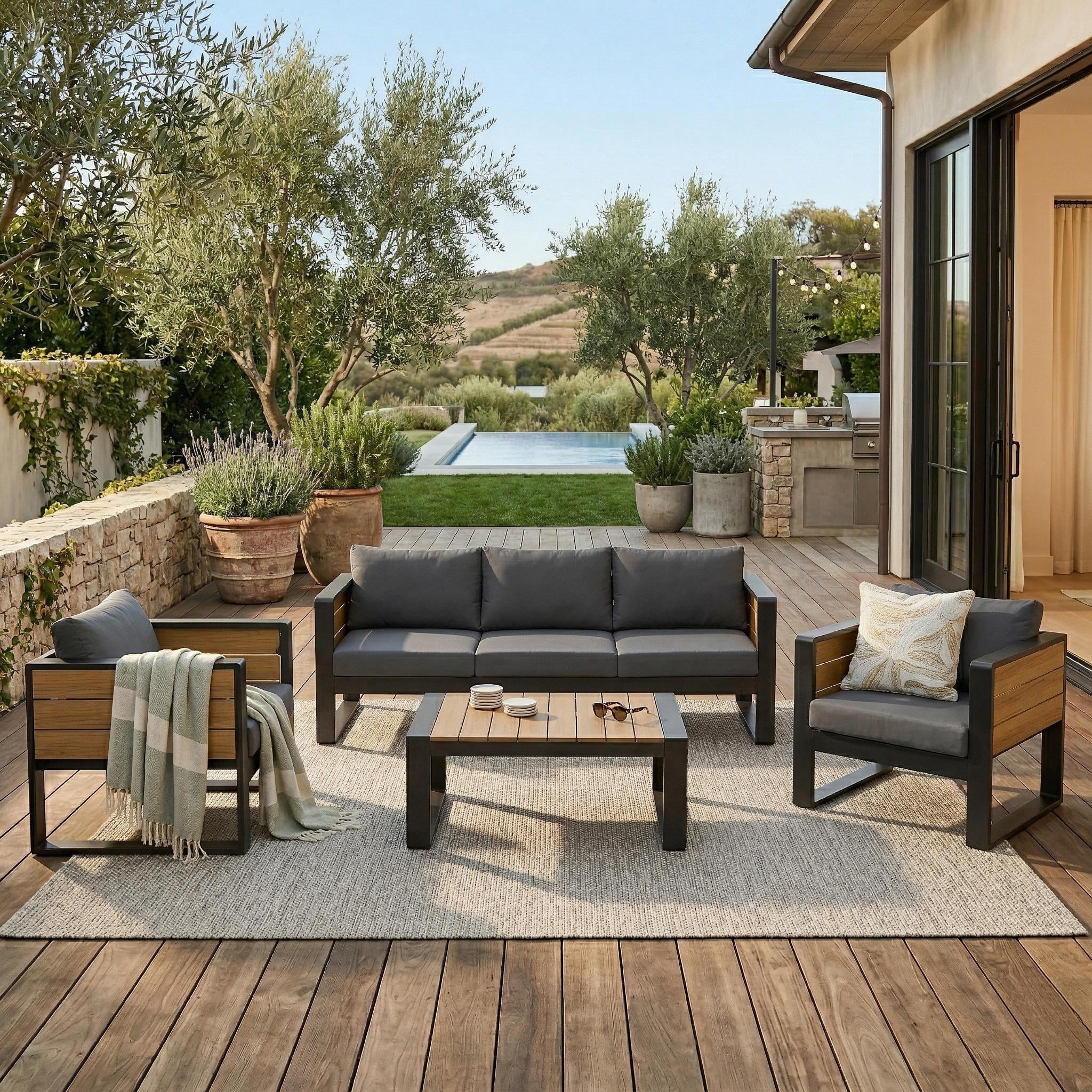 Mintazer 4 Piece Aluminum Outdoor Conversation Set with Tables & Sofa and 2 Armchairs, Modern Patio Furniture Set with Cushions for Patio Garden Balcony Backyard, Grey & Natural