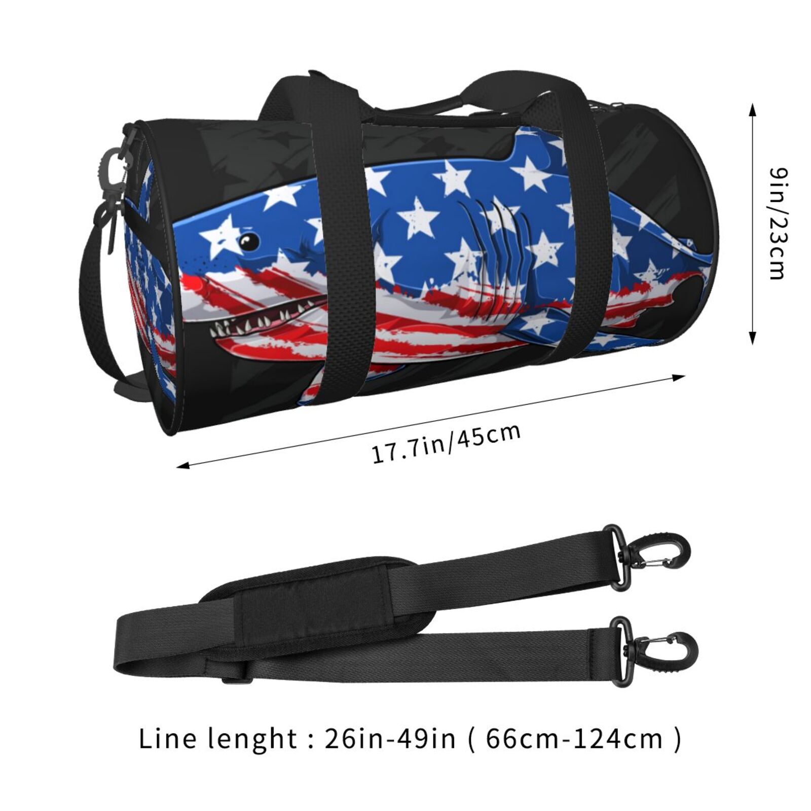 Vsdgher Shark With USA Flag 45L Foldable Duffel Bag, Sports Gym Bag,Overnight Bag, Portable Weekender Bag for Airplanes
