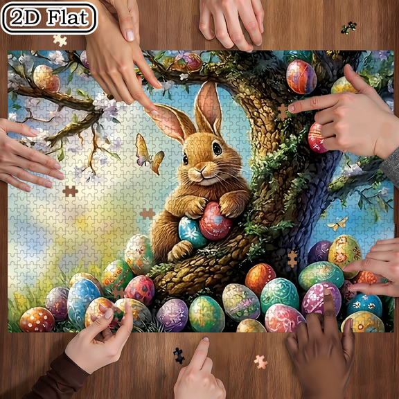 A set of 1000-piece challenging "Easter Bunny on the Tree" master-level jigsaw puzzle,
