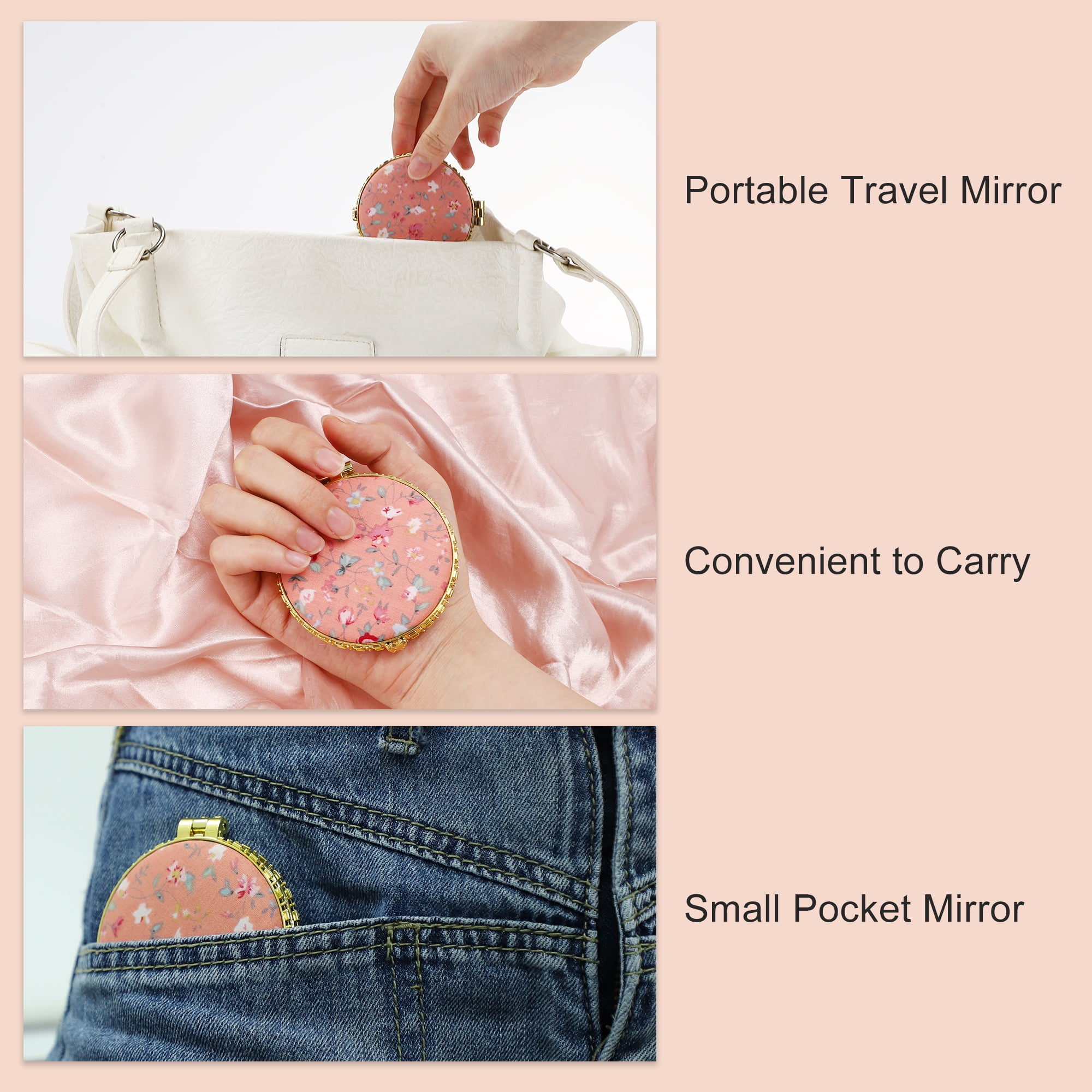 Unique Bargains Round Mini Floral Mirror for Women Purses Pocket Pink