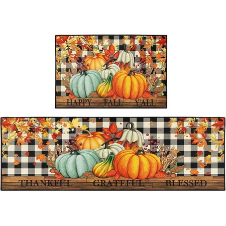 

Fall Pumpkin Maple Leaf Kitchen Rugs Mat Sets of 2 Washable Non-Slip Plaid Thanksgiving Kitchen Floor Mats for in Front of Sink Kitchen Decor for Dining Room Laundry