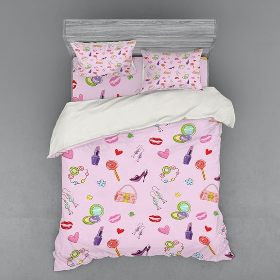 Princess Duvet Cover Set, Girls Illustration with Fashion Accessories and Makeup Lollipop Flower Print, Bedding Set with Shams and Fitted Sheet, 3 Sizes, by Ambesonne