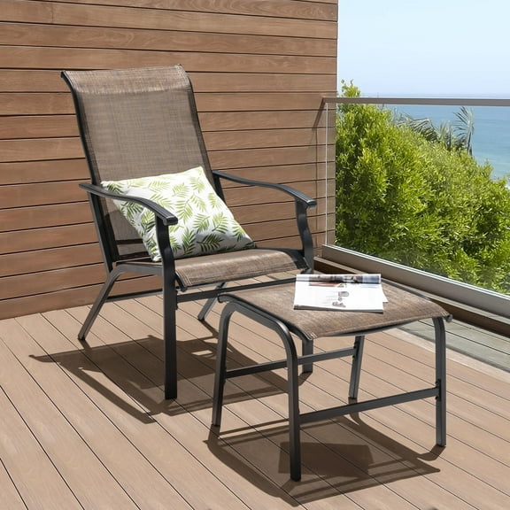 Nuu Garden 2 Piece Patio Lounge Chair, Reclining Chair with Ottoman, All-Weather Textilene Chaise Lounge, Metal Frame, 2 in 1 Combination, Brown