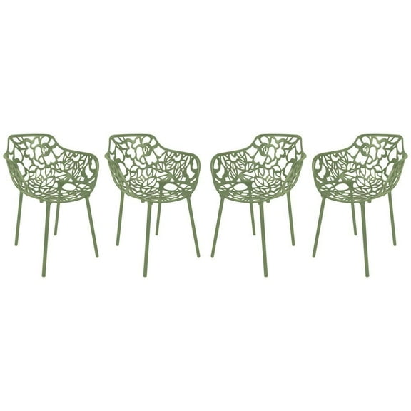 LeisureMod Stackable Dining Chair in Aluminum with Stackable and Floral Cutout Design Indoor Outdoor Use No Assembly for Modern Home, Kitchen, Patio Devon Collection Set of 4
