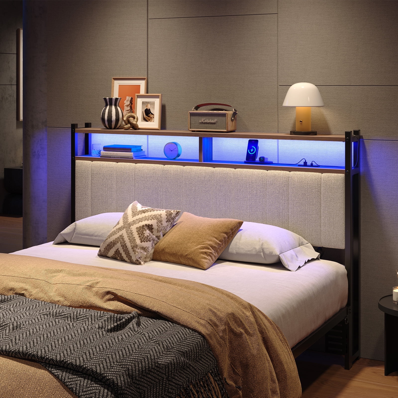 Pinmoco Headboard for Queen Size Bed with Storage, Linen Upholstered Headboard with LED & USB Charging, Beige, Headboard Only(Bed Frame Not Included)