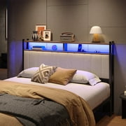 Pinmoco Headboard for Queen Size Bed with Storage, Linen Upholstered Headboard with LED & USB Charging, Beige, Headboard Only(Bed Frame Not Included)