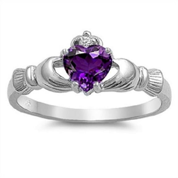 Claddagh Benediction Simulated Amethyst Cubic Zirconia Ring Sterling Silver 925 Size 10