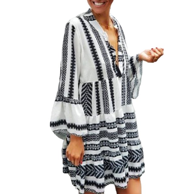 Innerwin Mini Robes Col en V Femmes Robe Courte Fête Longue Ample Été Plage Robe d'Été Blanche et Noire TG