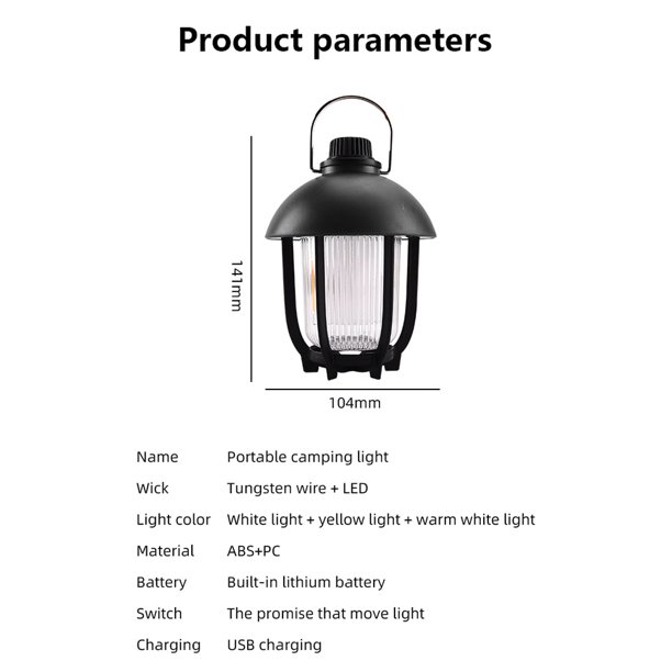 Lámpara Linterna de camping retro con carga USB, luces LED de tungsteno impermeables para patio (negro) Ehuebsd Para estrenar