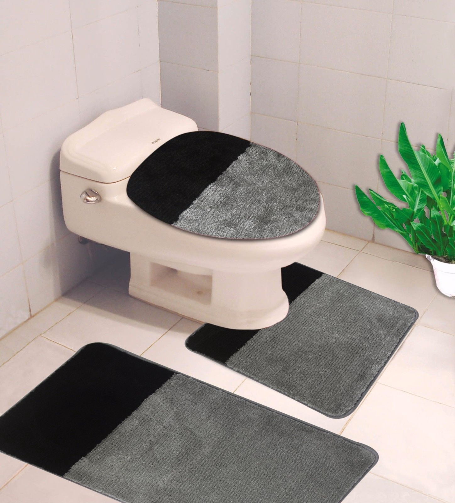 3PC (7) 2 Tone Silver/Black HIGH QUALITY Jacquard Bathroom Bath Rug