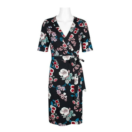 Adrianna Papell Surplice Neck Short Sleeve Floral Print Tie Side Rayon Jersey Faux Wrap Dress-BLACK MULTI / 16