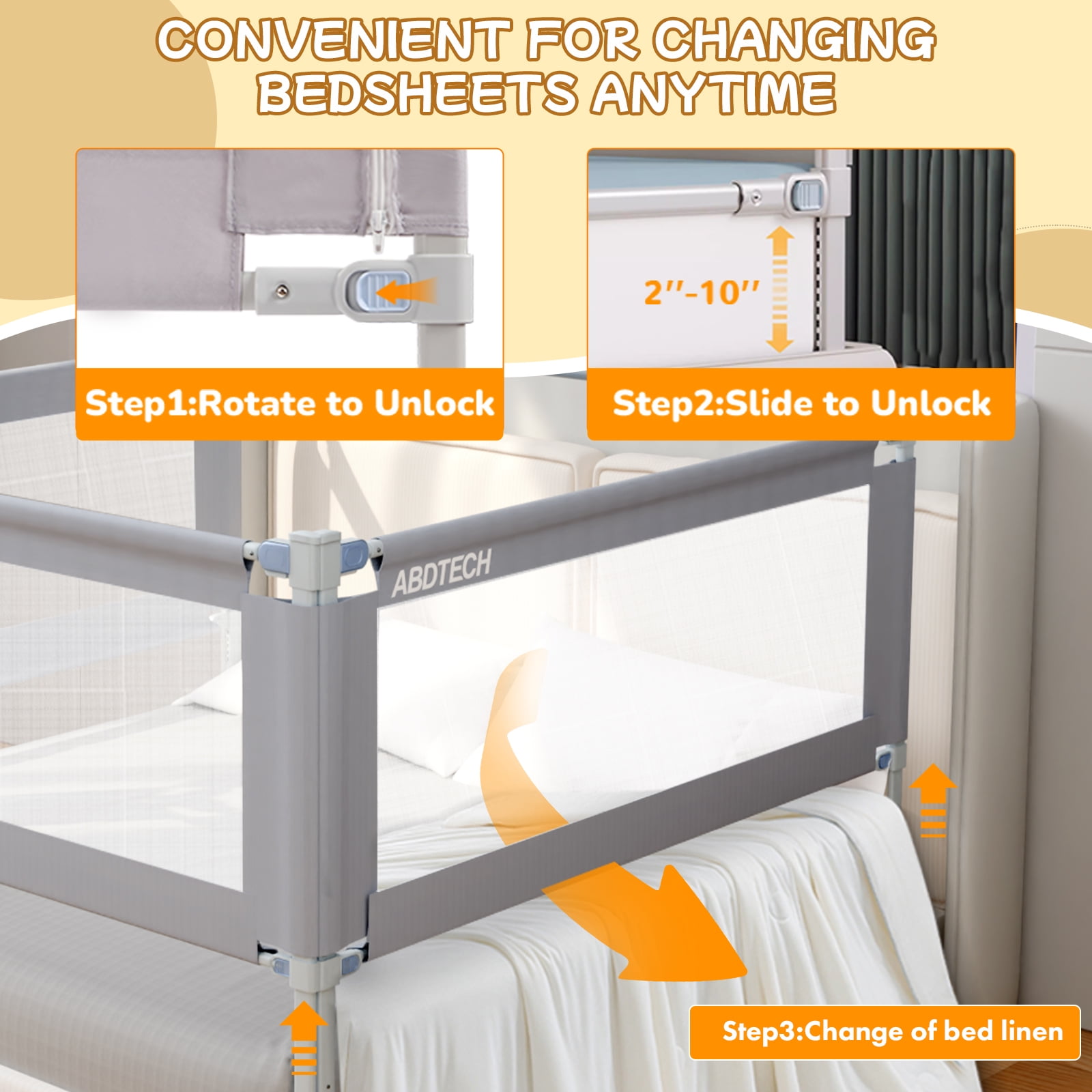 Baby Bed Guard Rail for Toddlers, 3 Packs Bed Guardrail with Protective Bar For King Size Bed 78.7x78.7x74.8”, Reinforced Large S Structure & Height Adjustable