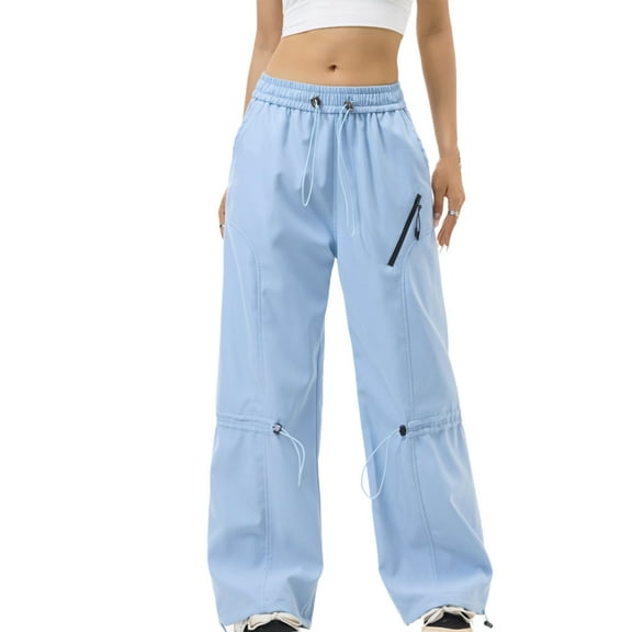 QQAMB Women Cargo Pants Baggy High Waist Loose Wide Leg Solid Color Casual Trousers with Pockets Blue XL