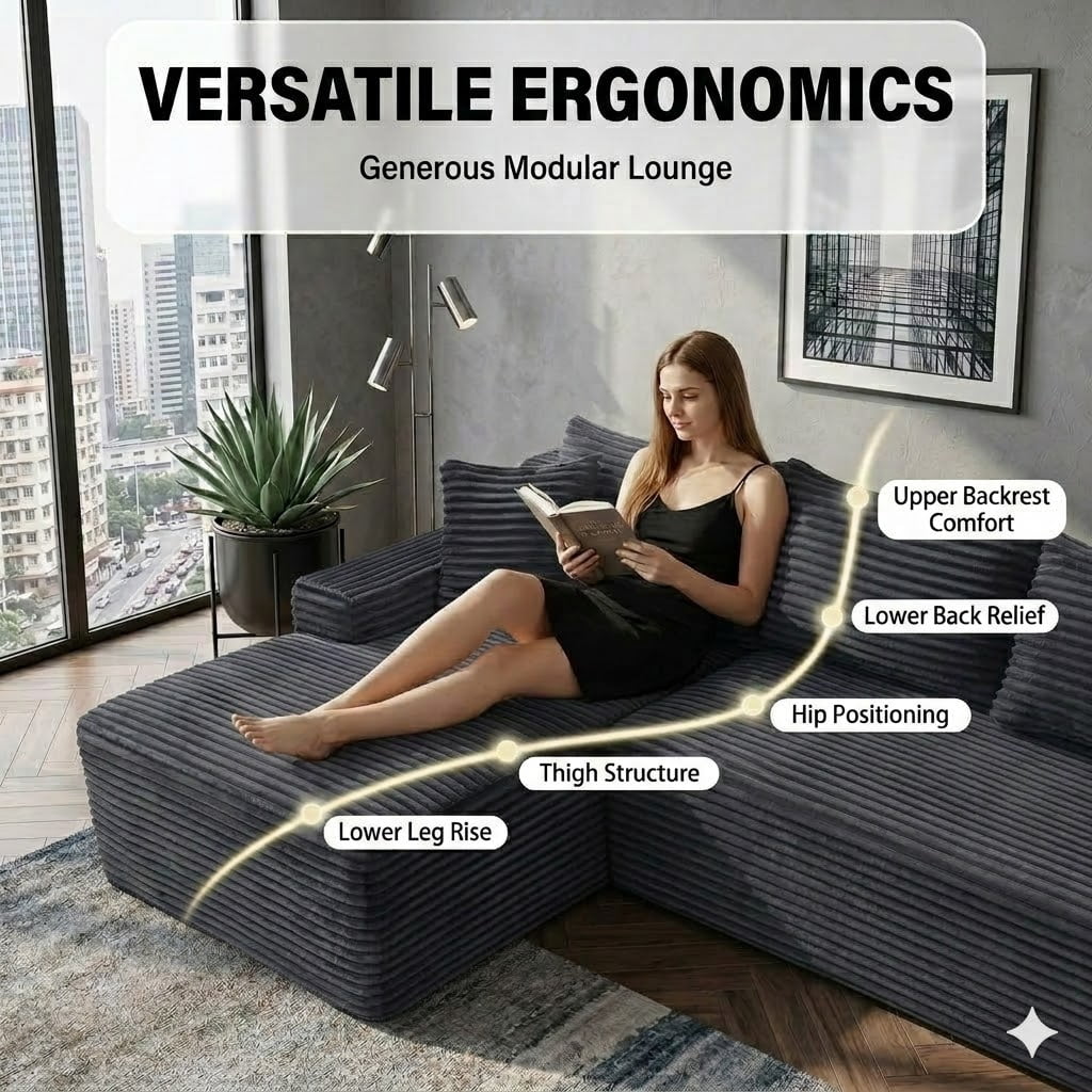 Howcool Boneless Cloud Sectional Couches for Living Room, Comfy Fluffy L Shaped Memory Foam Deep Seat Boneless Couch, 95" Modular Sectional Sofa with Left Facing Chaise,Grey