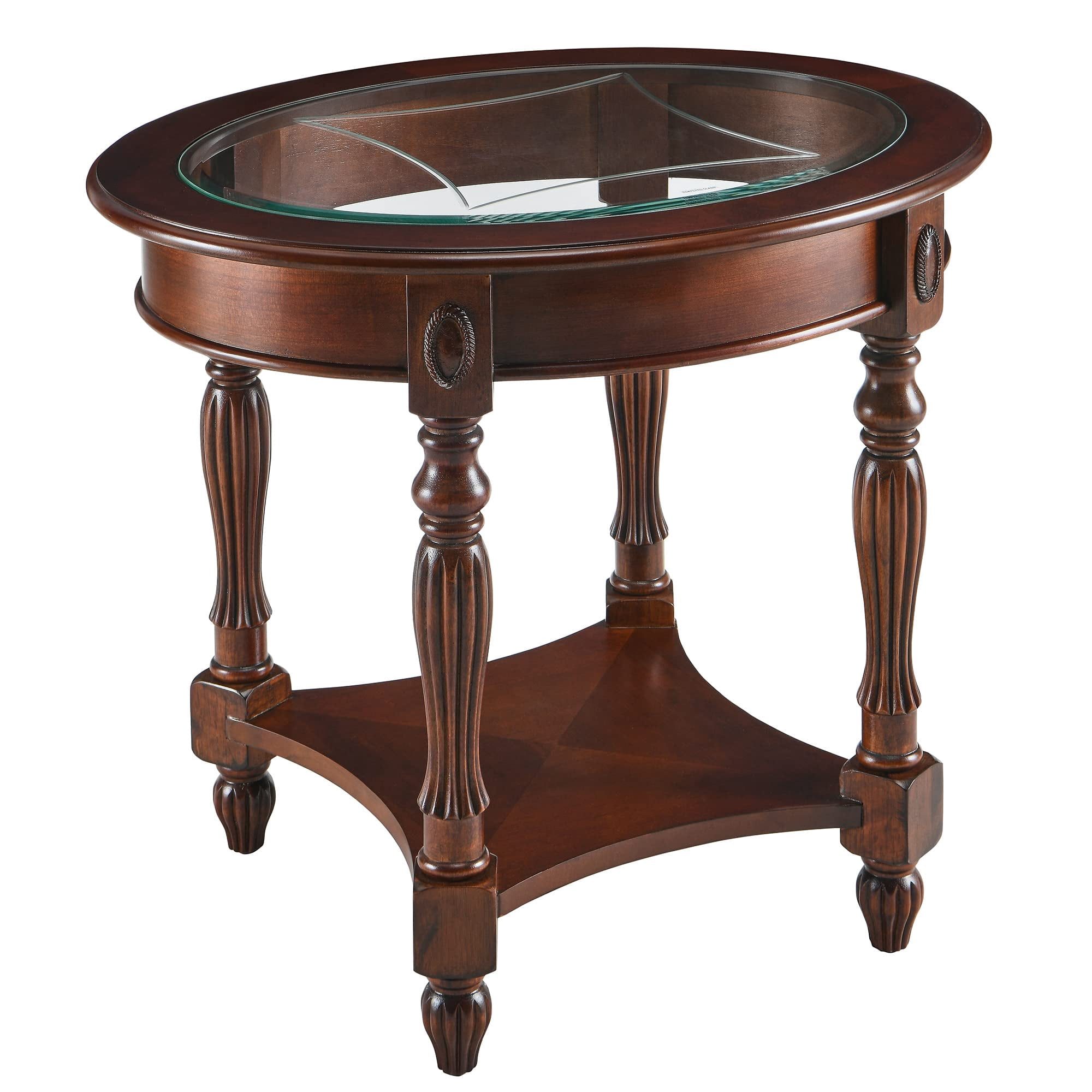 JESONVID Traditional Solid Wood Oval End Table with Tempered Glass Top，2 tier Side Table for Living Room Bedroom,Cherry Walnut