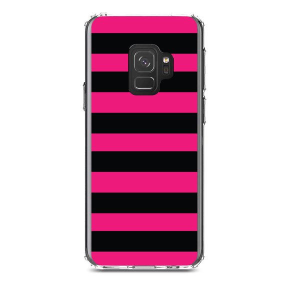 DistinctInk Clear Shockproof Hybrid Case for Samsung Galaxy S9 (5.8" Screen) - TPU Bumper, Acrylic Back, Tempered Glass Screen Protector - Black & Pink Bold Horizontal Stripes