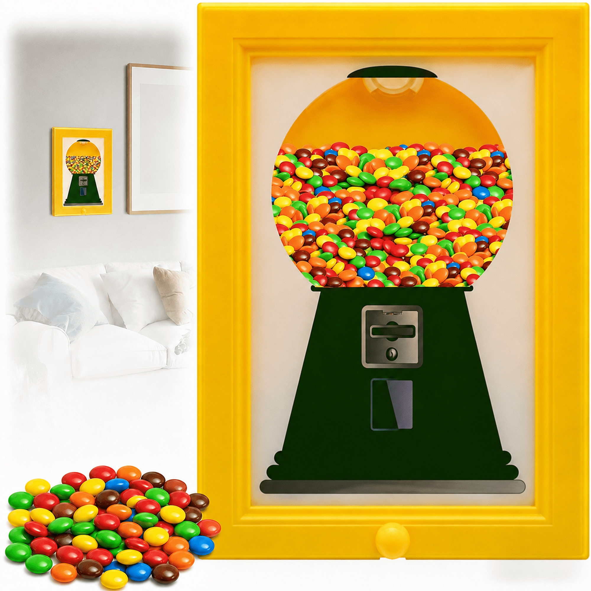 Candy Dispenser Picture Hanging Frame, Gumball Machine In A Frame, Fast Distribution Candies, Nuts, Dog & Cat Treats, Suitable For Birthday & Holiday Gifts (Yellow)
