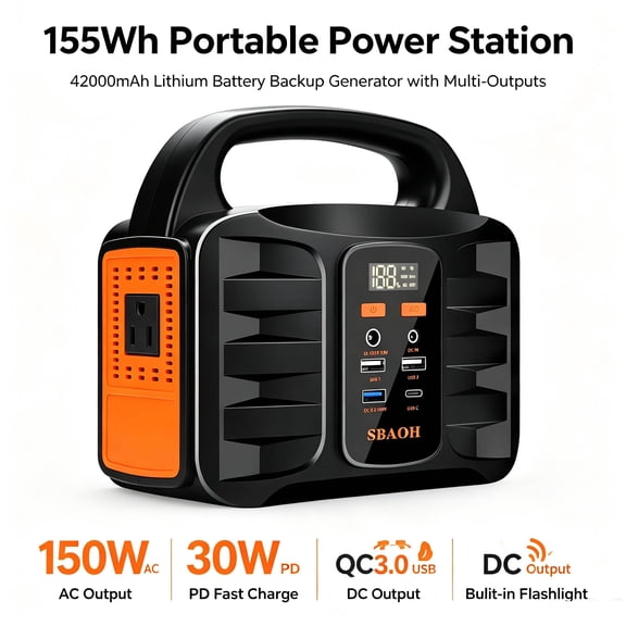 150W Portable Power Station – 155Wh 42000mAh Outdoor Solar Generator with 110V AC DC Ports for Home Backup, Outdoor RV Camping & Emergency Lithium Battery Outages, Black