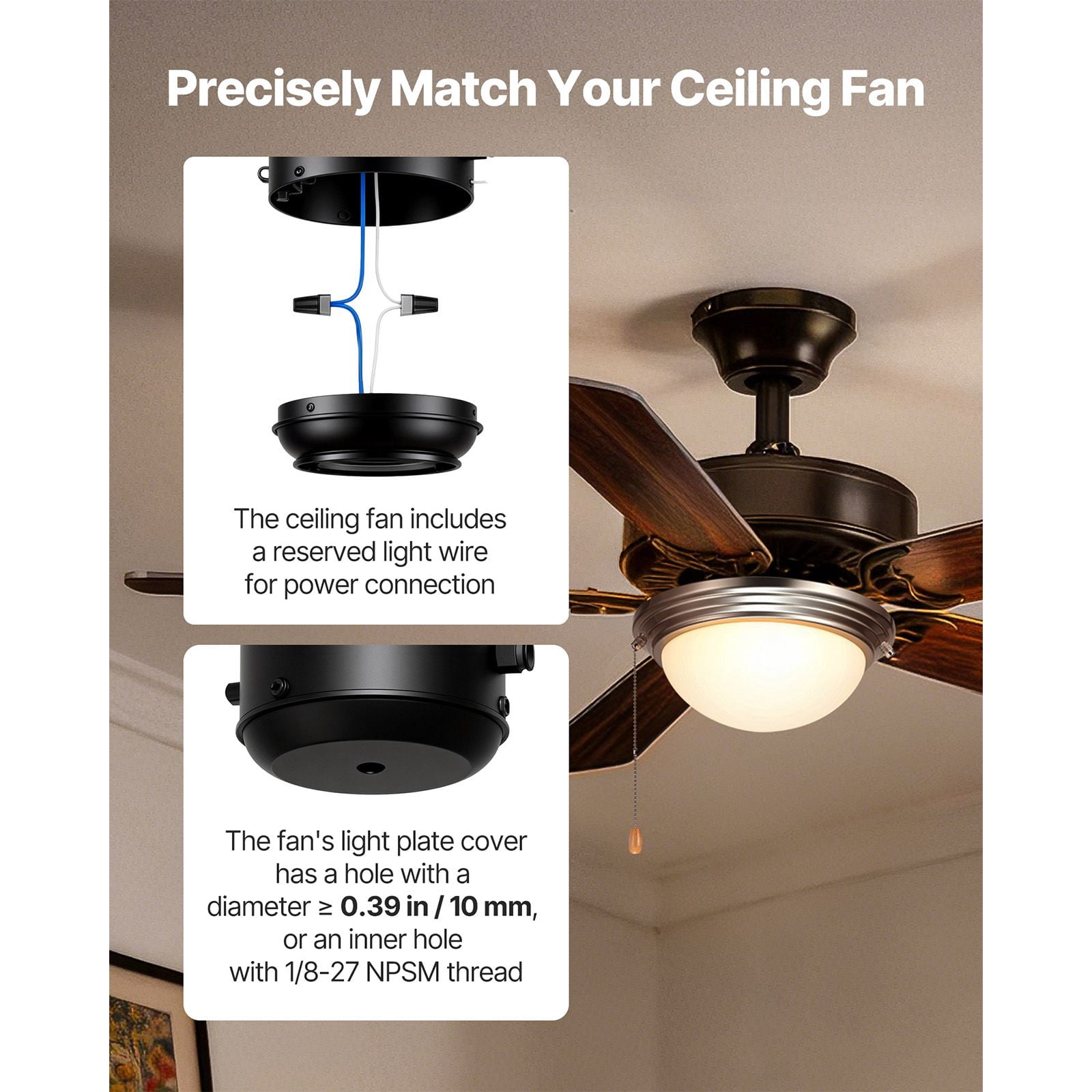 Ceiling Fan Light Kit 10.87 Inch 2x3000K 750lm Bulbs Alabaster Glass Alloy Steel Pull-Chain for Living Room Bedroom
