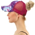 thumbnail image 2 of C.C Ponytail Criss Cross Messy Buns Ponycaps Baseball Cap Dad Trucker Mesh Hat (Distressed Tie Dye Mesh Hot Pink), 2 of 3