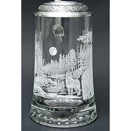 Beer Stein - Wolf Stein Etched Glass German Glass Beer Stein