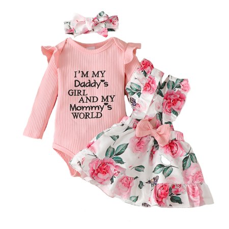 

Kucnuzki Infant Baby Girl Clothes 12 Months Winter Skirt Sets 18 Months Long Sleeve Letter Prints Cozy Romper Top Suspender Floral Prints Skirt Headband 3PC Sets Pink
