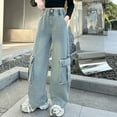 thumbnail image 6 of Kids Jeans Girls Cargo Jeans Girls Straight Leg Jeans Wide Leg Jeans High Waist Loose Pants with Pockets Girls Size 6-7 Years Outfits, 6 of 8