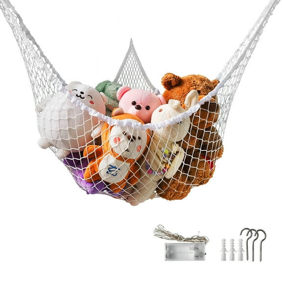 Gearup White Hammock Toy Net Organizer for Stuffed Animals Plush Toys Balls Towel w/ LED