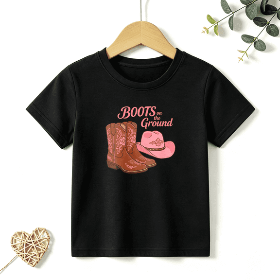 Girls Graphic Tees Cowgirl Boots Pink Hat Kids T Shirt Western 100% Cotton Short Sleeve Soft Tops 4-13Y